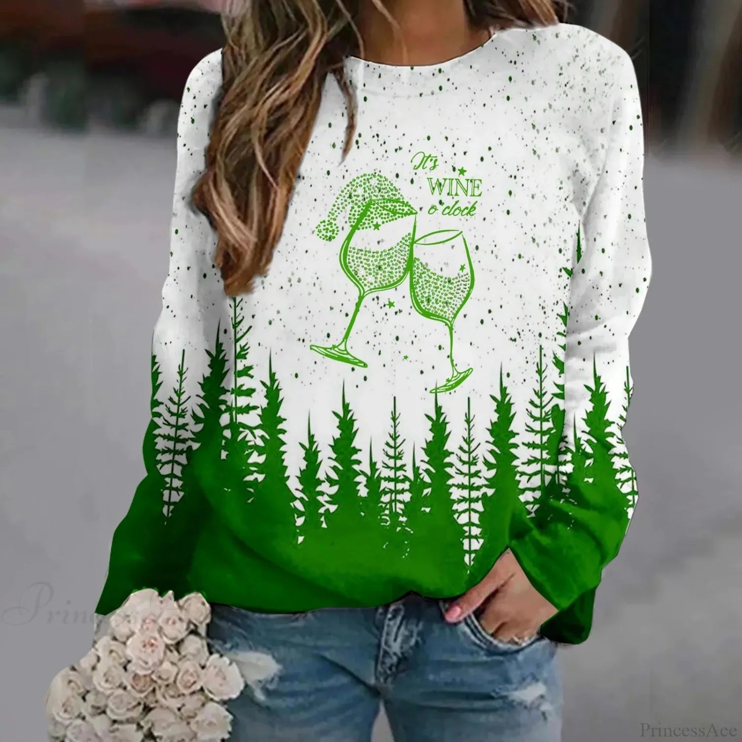 Print Crew Neck Soft Long Sleeve Casual Loose Y2K Winter Christmas Hoodie Green-1 / S Hoodies-L