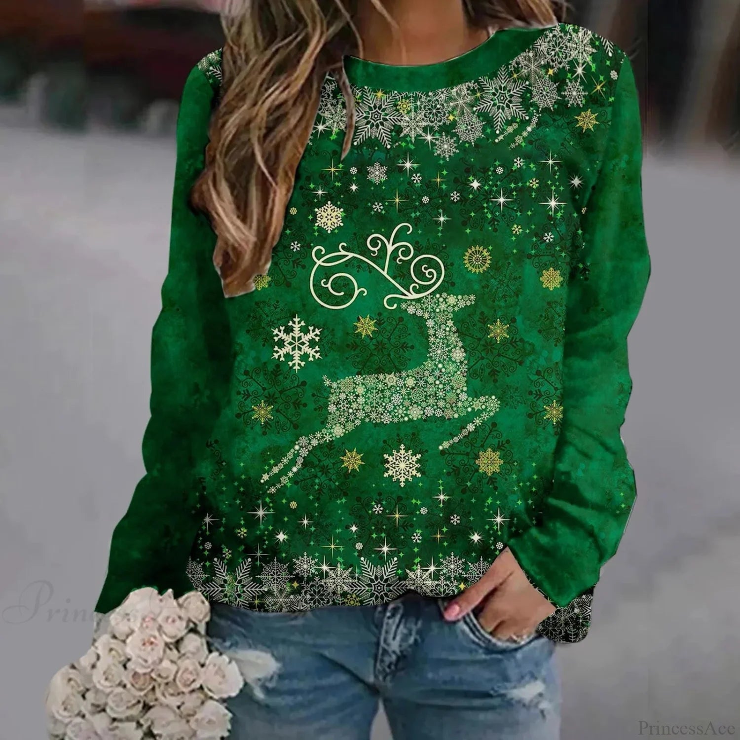 Print Crew Neck Soft Long Sleeve Casual Loose Y2K Winter Christmas Hoodie Green-2 / S Hoodies-L