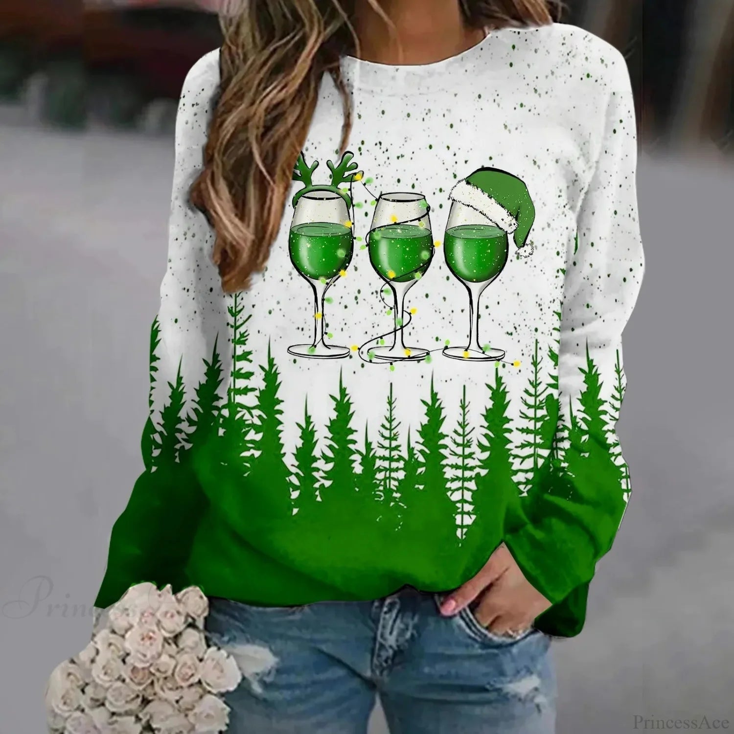 Print Crew Neck Soft Long Sleeve Casual Loose Y2K Winter Christmas Hoodie Green-3 / S Hoodies-L
