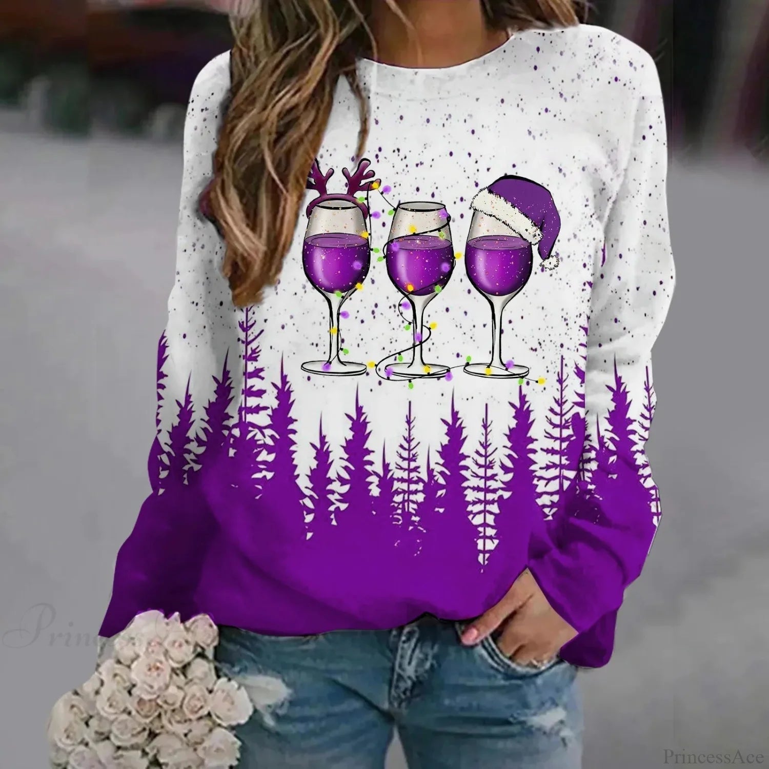 Print Crew Neck Soft Long Sleeve Casual Loose Y2K Winter Christmas Hoodie Hoodies-L