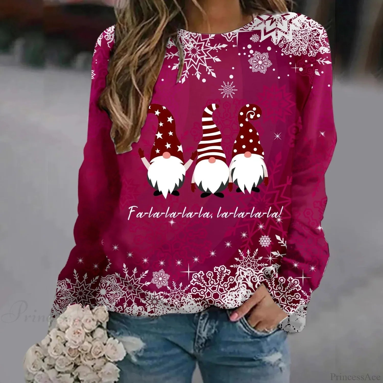 Print Crew Neck Soft Long Sleeve Casual Loose Y2K Winter Christmas Hoodie Hot Pink / S Hoodies-L