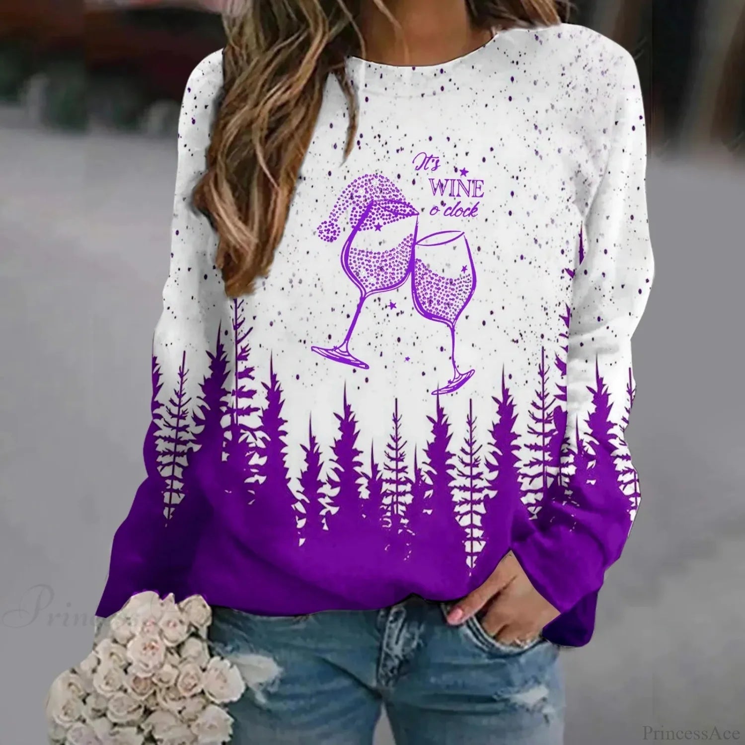 Print Crew Neck Soft Long Sleeve Casual Loose Y2K Winter Christmas Hoodie Purple-2 / S Hoodies-L