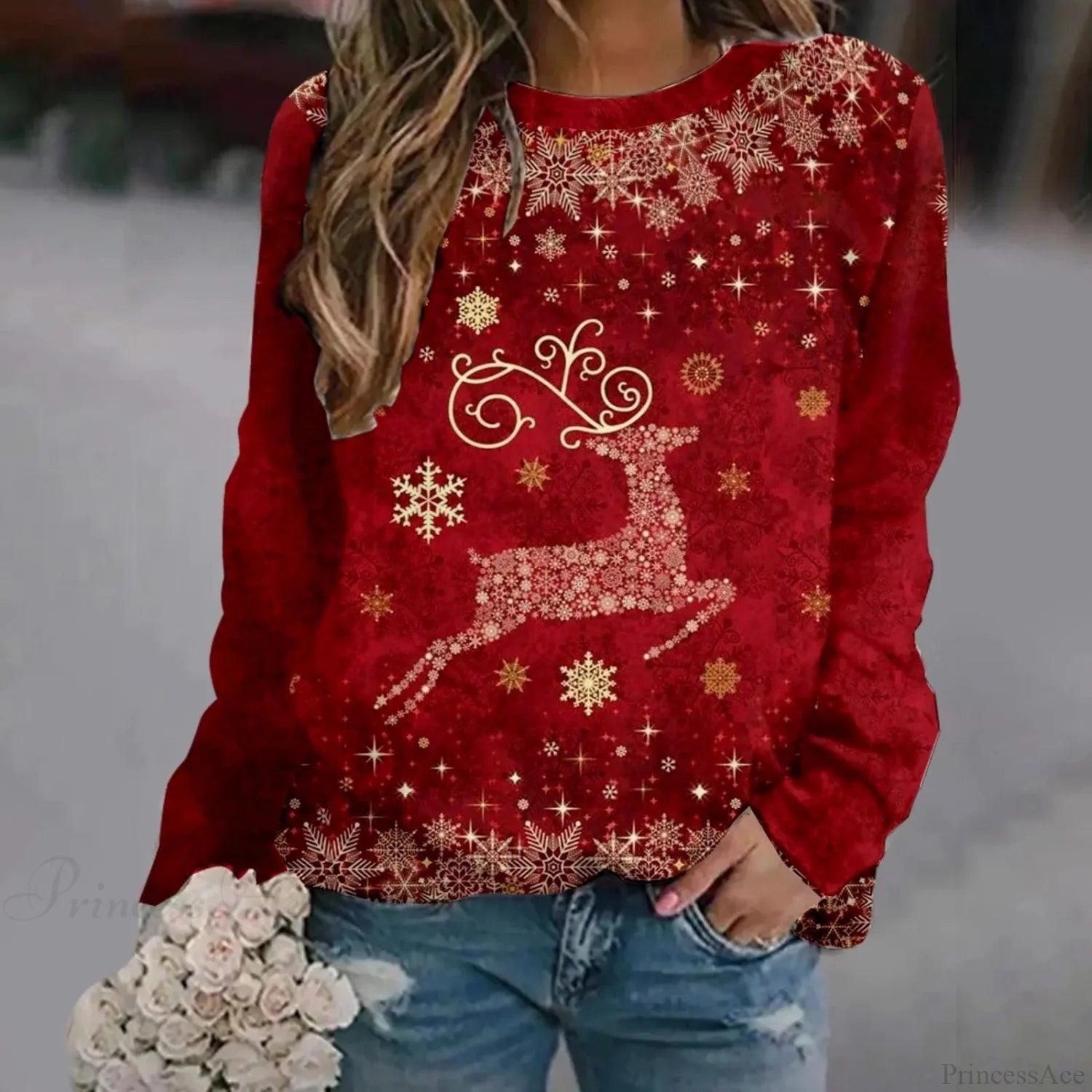 Print Crew Neck Soft Long Sleeve Casual Loose Y2K Winter Christmas Hoodie Red-2 / S Hoodies-L