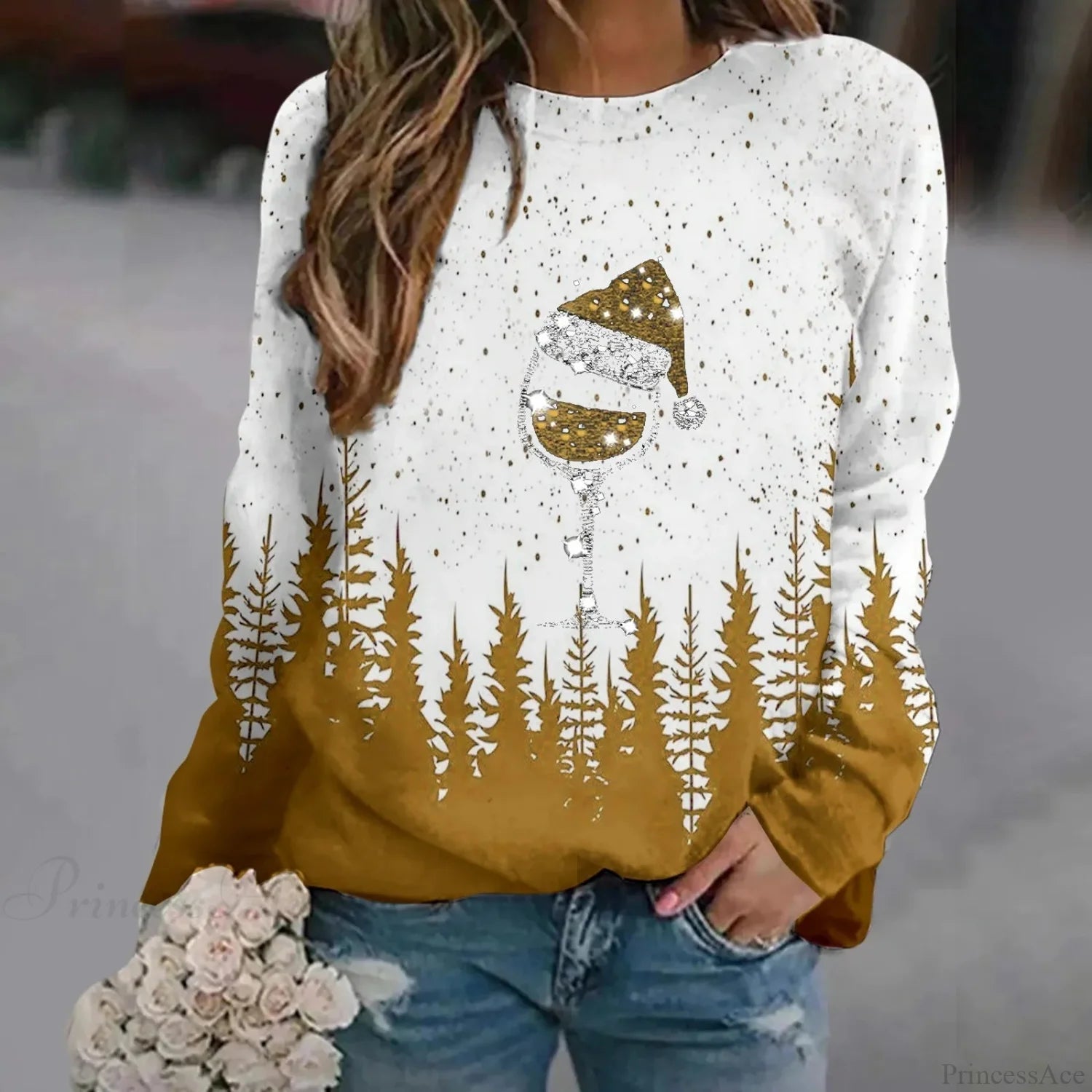 Print Crew Neck Soft Long Sleeve Casual Loose Y2K Winter Christmas Hoodie Yellow-1 / S Hoodies-L