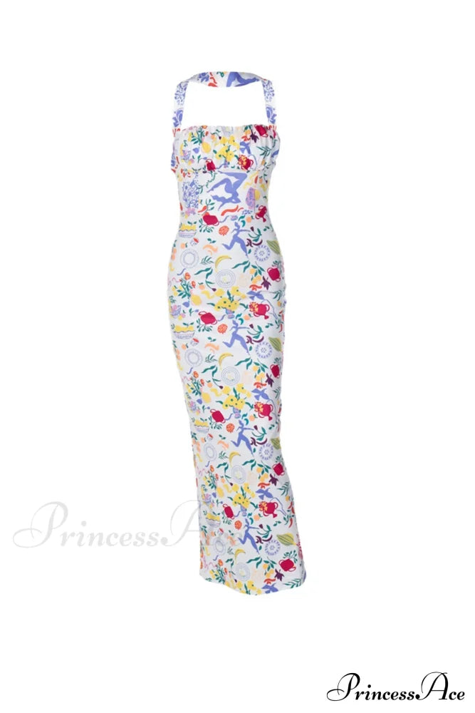 Print Halter Backless Dress In Multicolor Midi Dresses