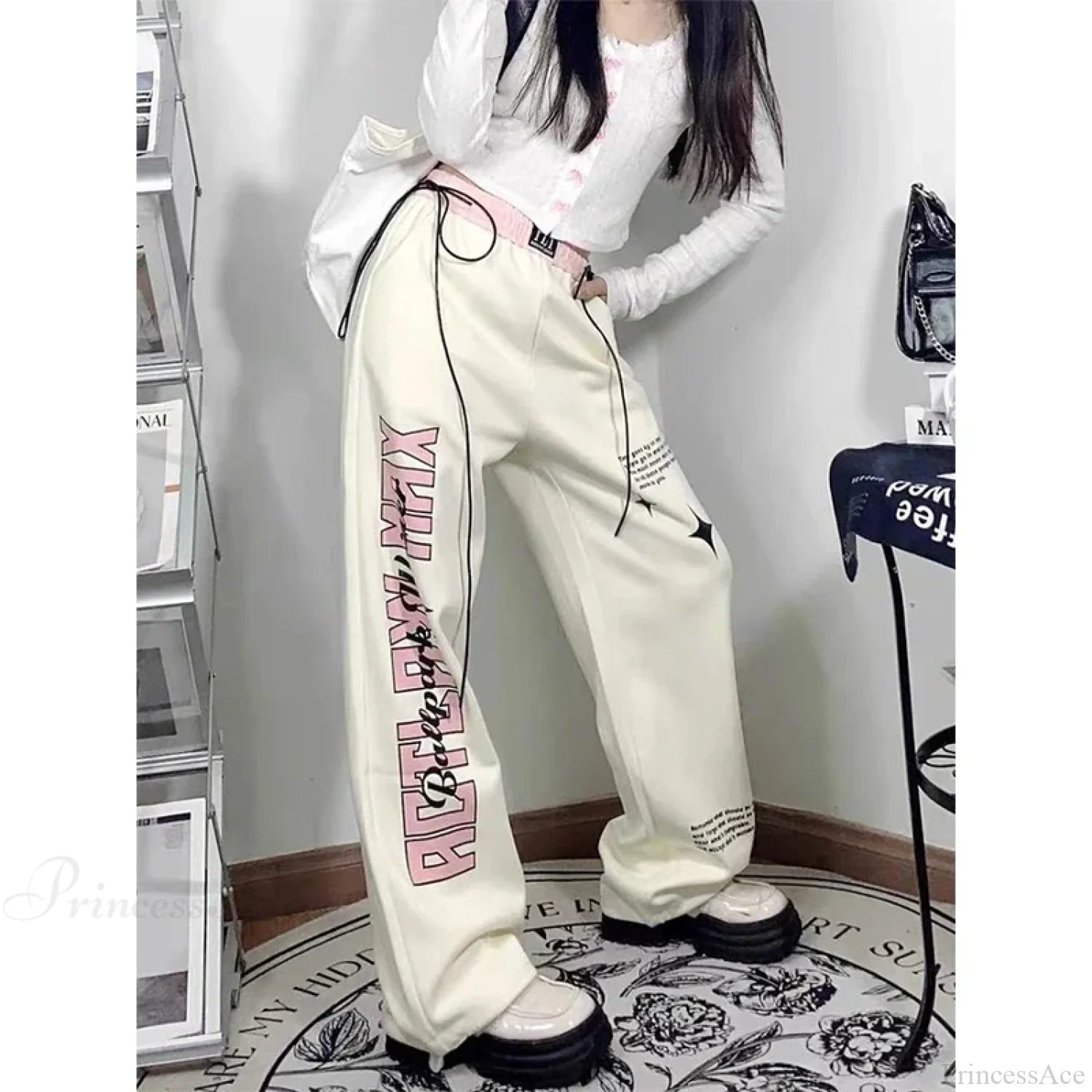 Print Letter Casual Straight Pants Beige / S