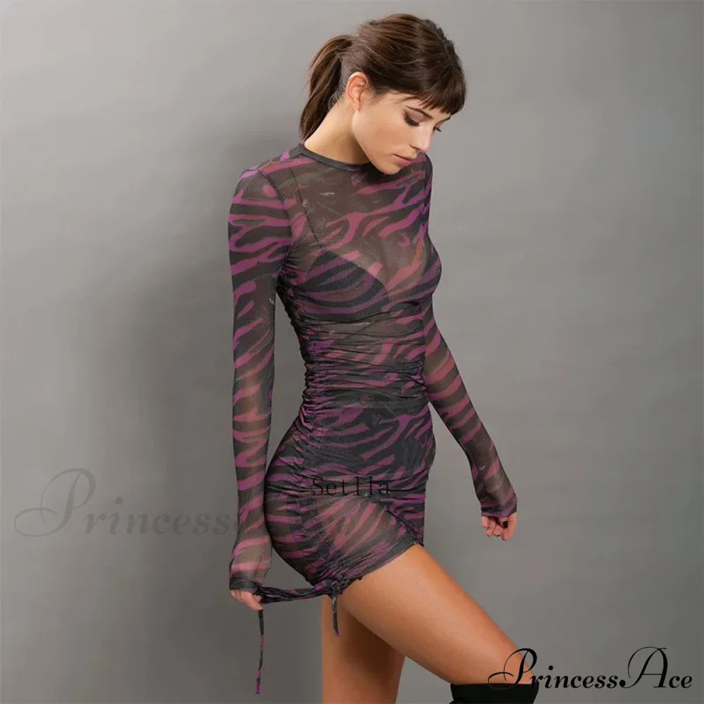 Print Mesh Drawstring Ruched Clubwear Mini Dress Black / S