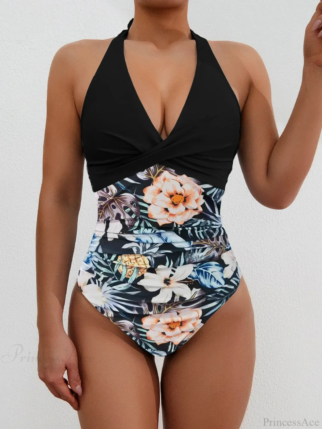 Print Patchwork Halter Push Up One Piece Set Black / S