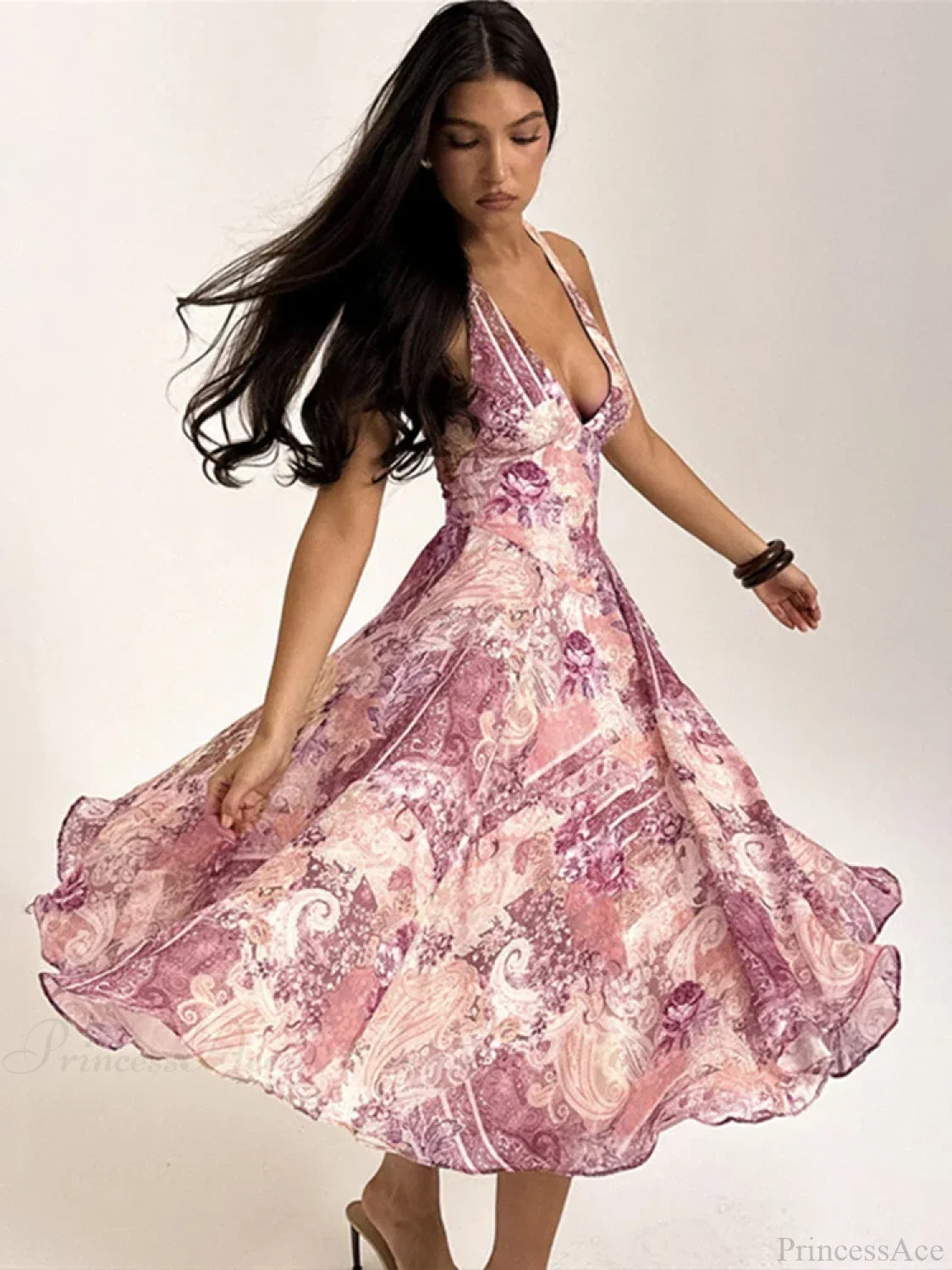 Print Pleated A-line Vacation Dress vacationdress-250223