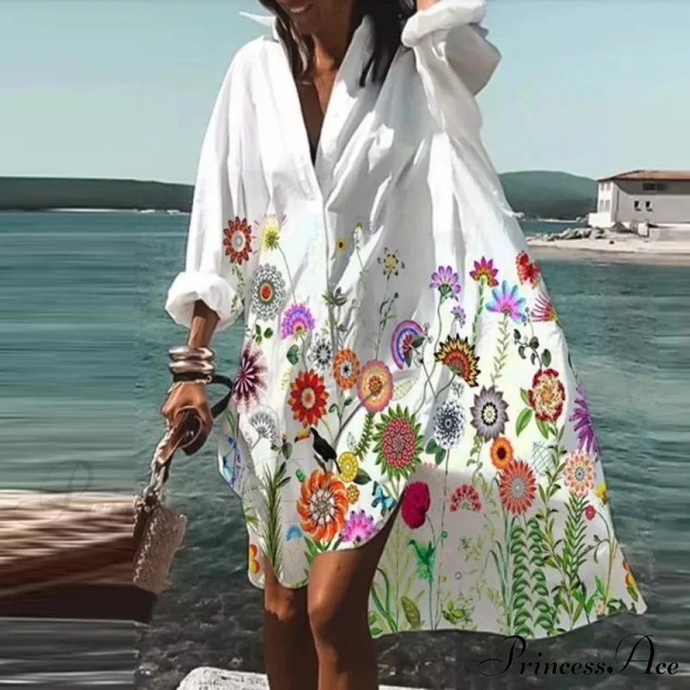 Print V-Neck Long Sleeve Loose Dress 15 Butterfly Style 3 / S