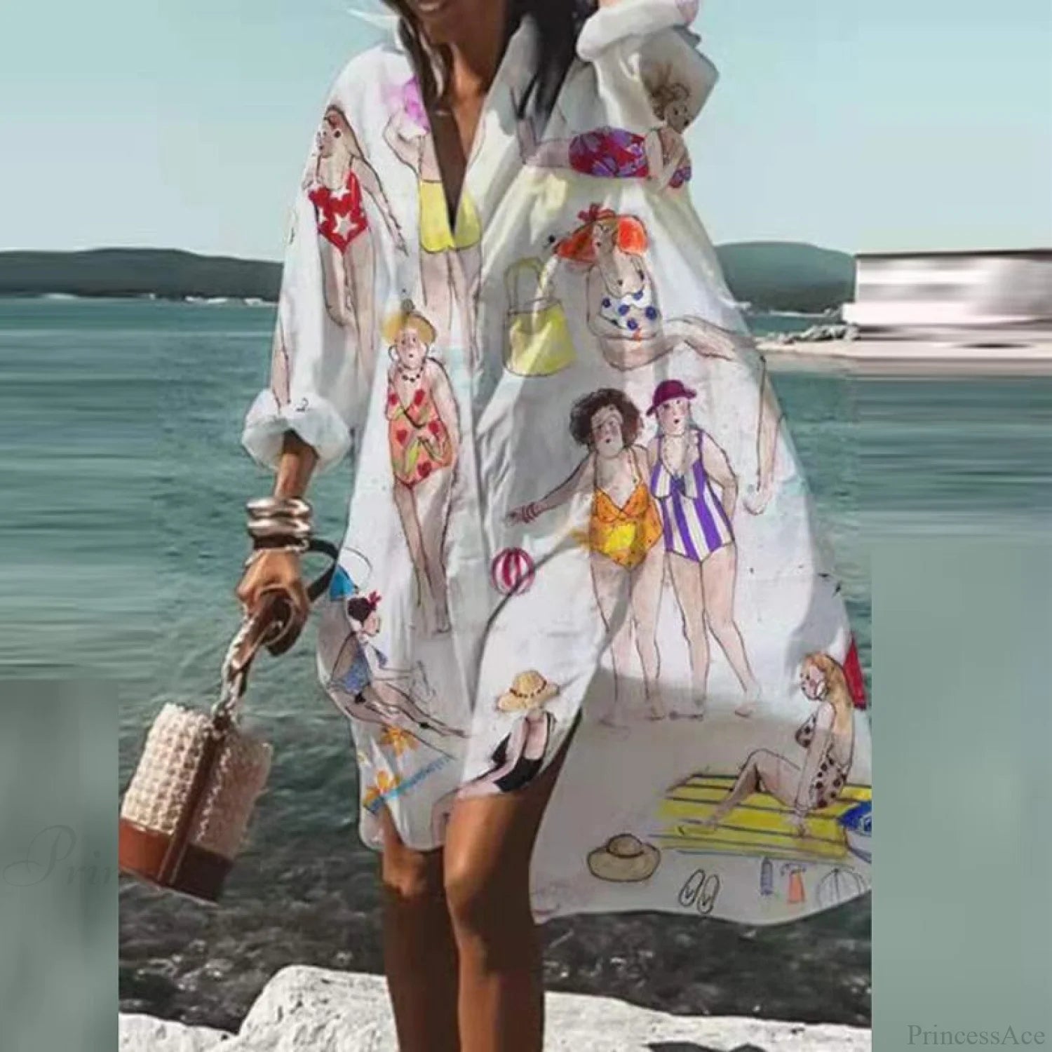 Print V-Neck Long Sleeve Loose Dress 08 Flowers Style 3 / S