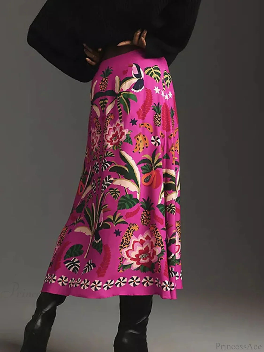 Printed A-Line Skirt Plants Flowers Zipper Spring Summer Fashion Skirt skirt-250126