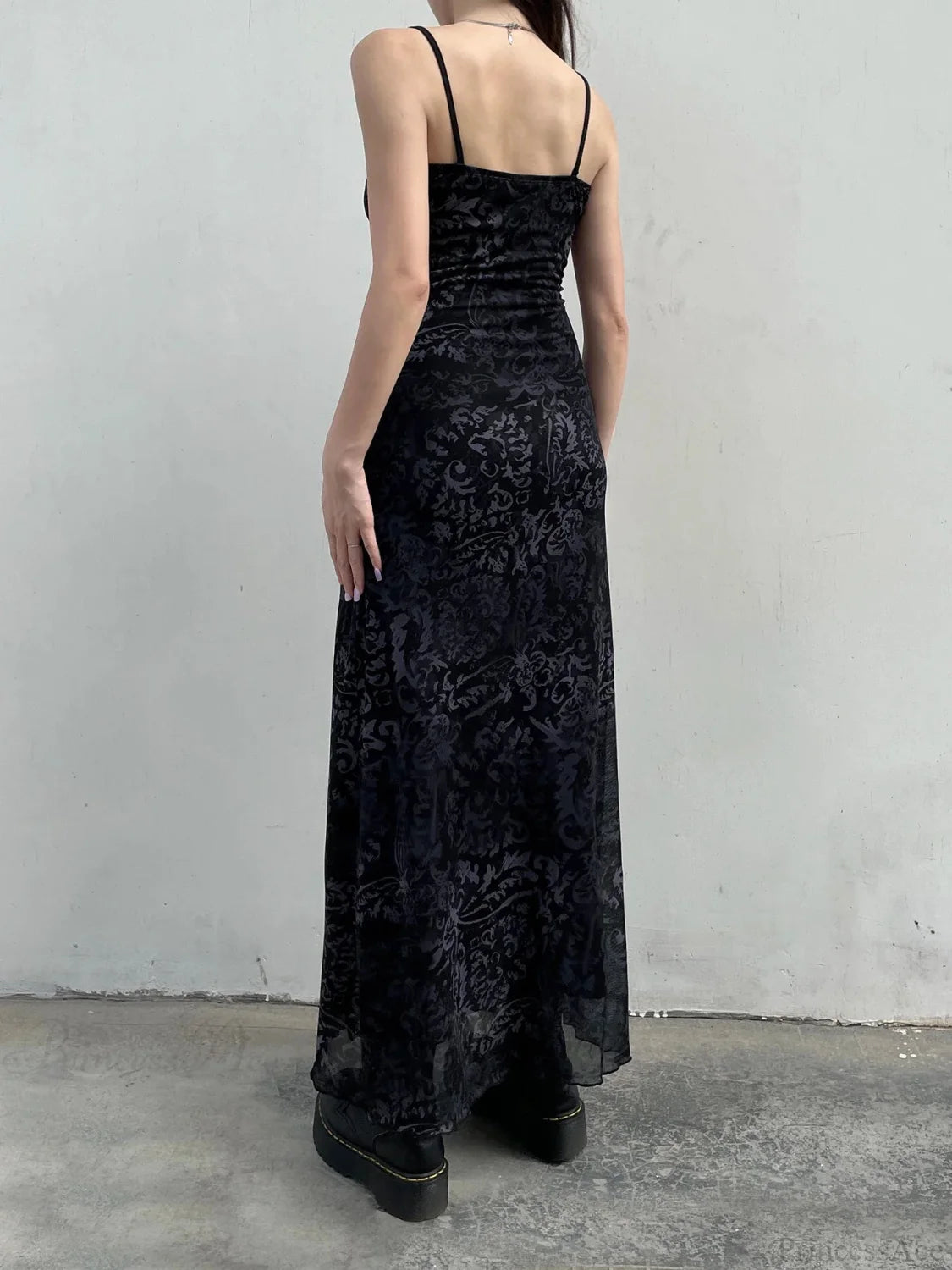 Printed Decorative Trim Mesh Full-Length Dress