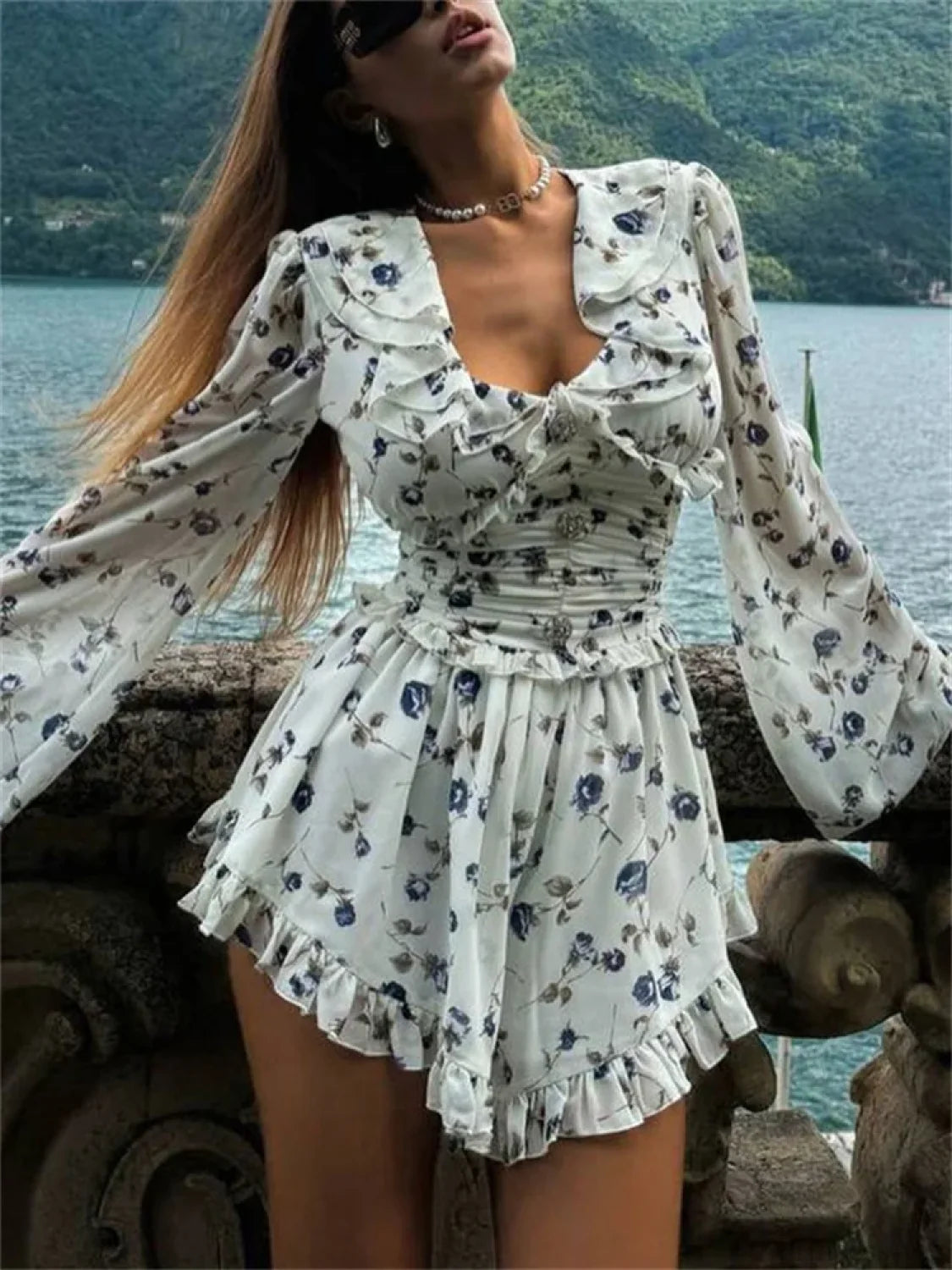Printed Drawstring Bandage Mini Dress minidress-250223