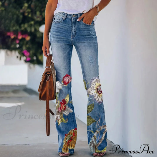 Printed Flared Stretch Bottoms Jeans Beige / S