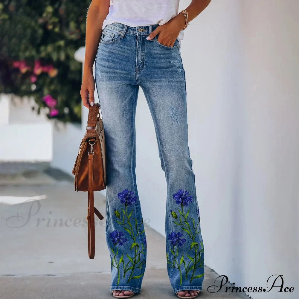 Printed Flared Stretch Bottoms Jeans Blue / S