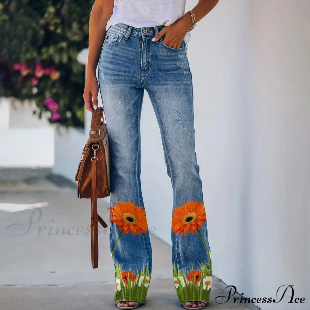 Printed Flared Stretch Bottoms Jeans Orange / S