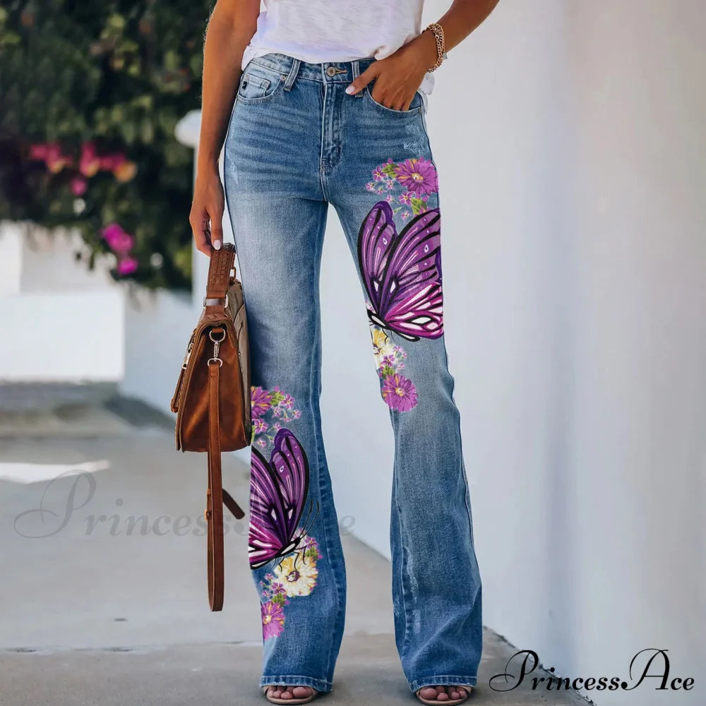 Printed Flared Stretch Bottoms Jeans Purple / S