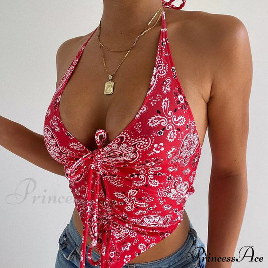Printed Halter Stylish Drawstring Top Top