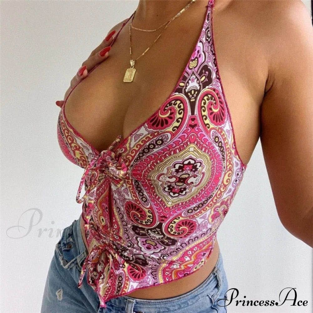 Printed Halter Drawstring Top Free From Label