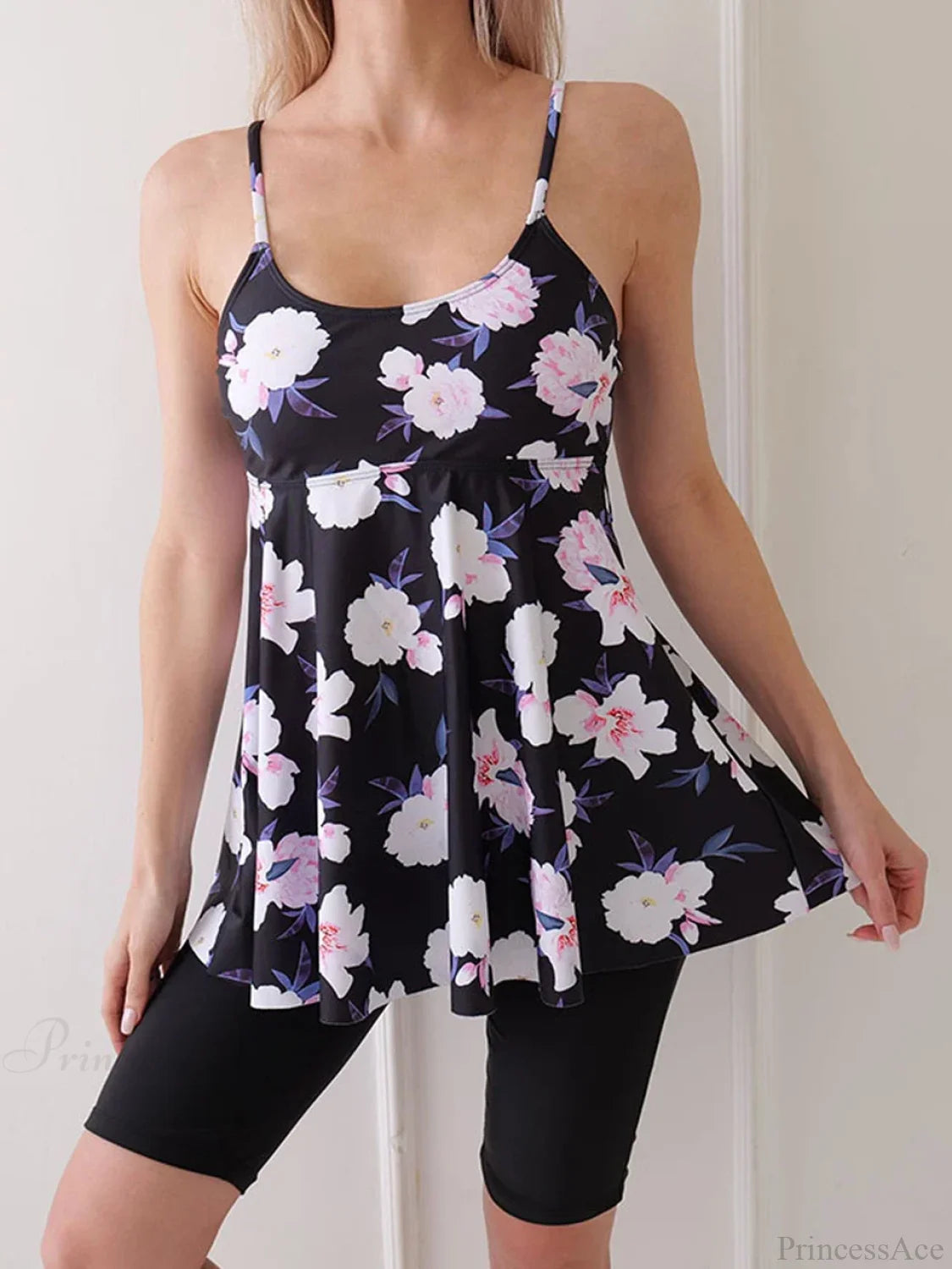 Printed Knee Shorts Tankini Two Piece Set Pink Floral Black / S