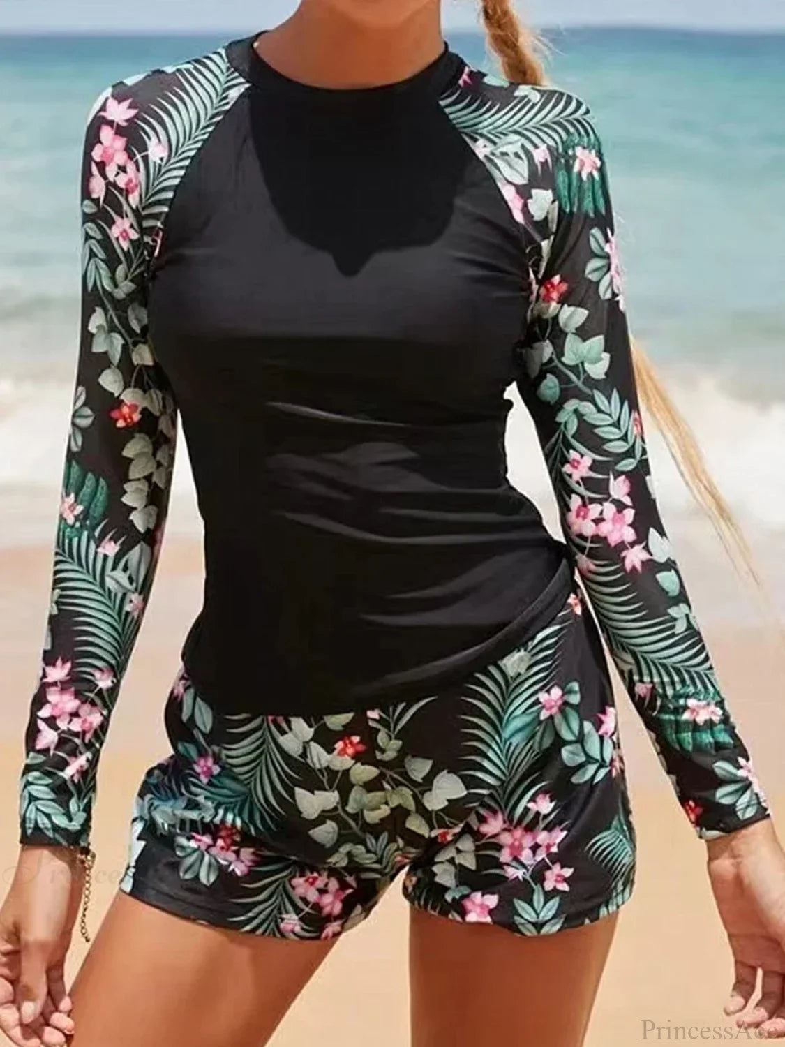 Printed Long Sleeve Surf Two Piece Set Black / S