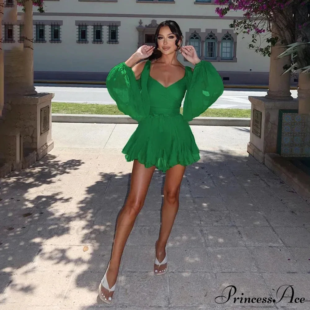 Printed Long Slit Charming Sleeve Mini Dress Mesh Short