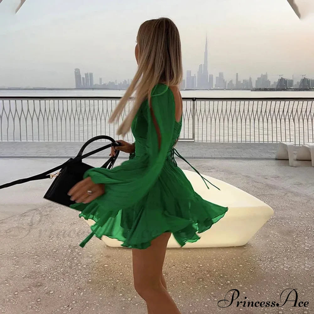 Printed Long Slit Charming Sleeve Mini Dress Mesh Short