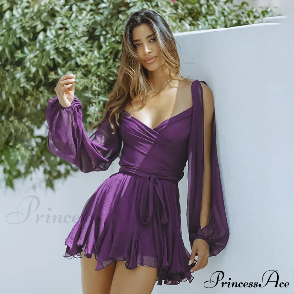 Printed Long Slit Charming Sleeve Mini Dress Mesh Short