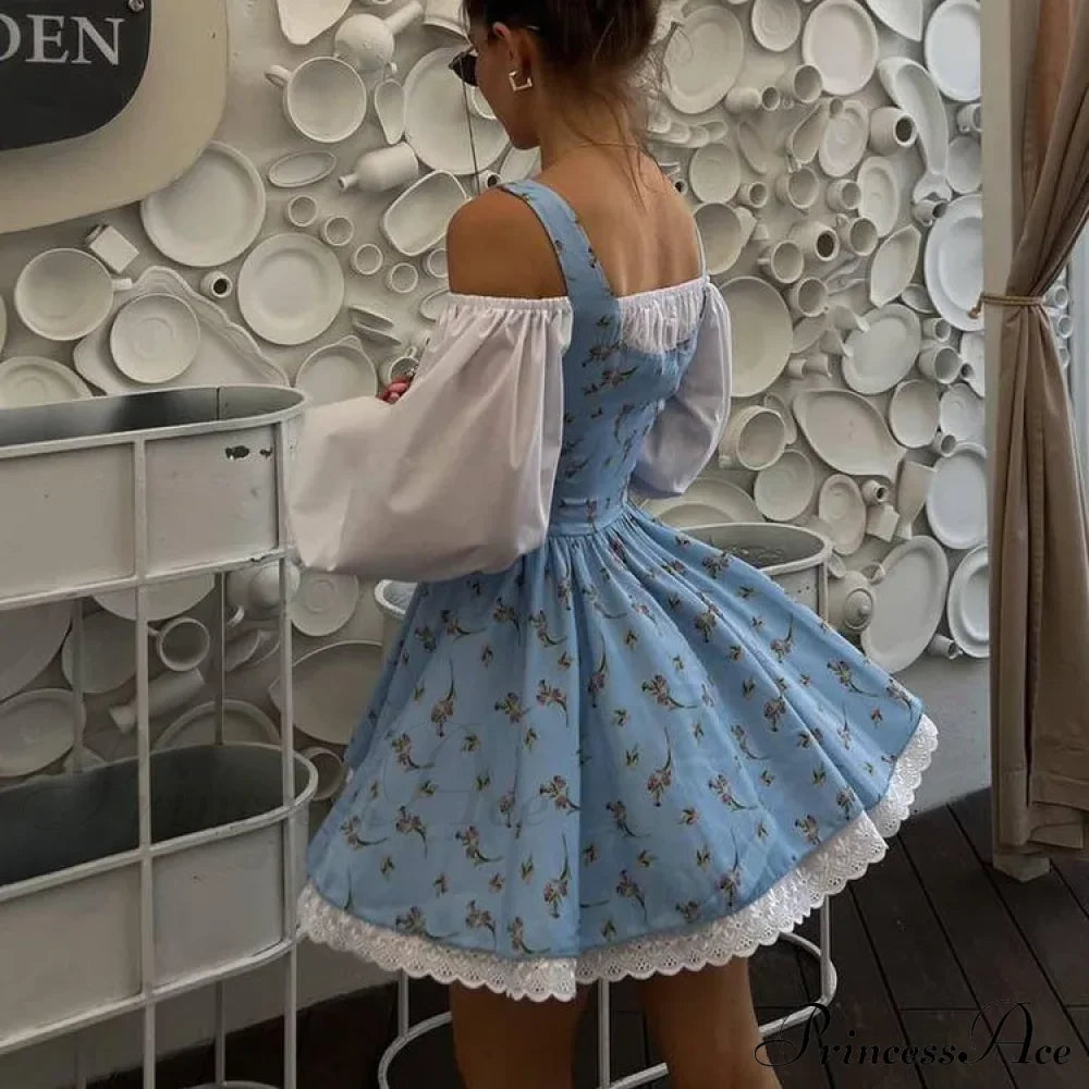 Printed Off-Shoulder Lantern Charming Sleeve Flare Mini Dress