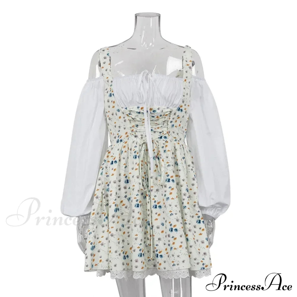 Printed Off-Shoulder Lantern Charming Sleeve Flare Mini Dress