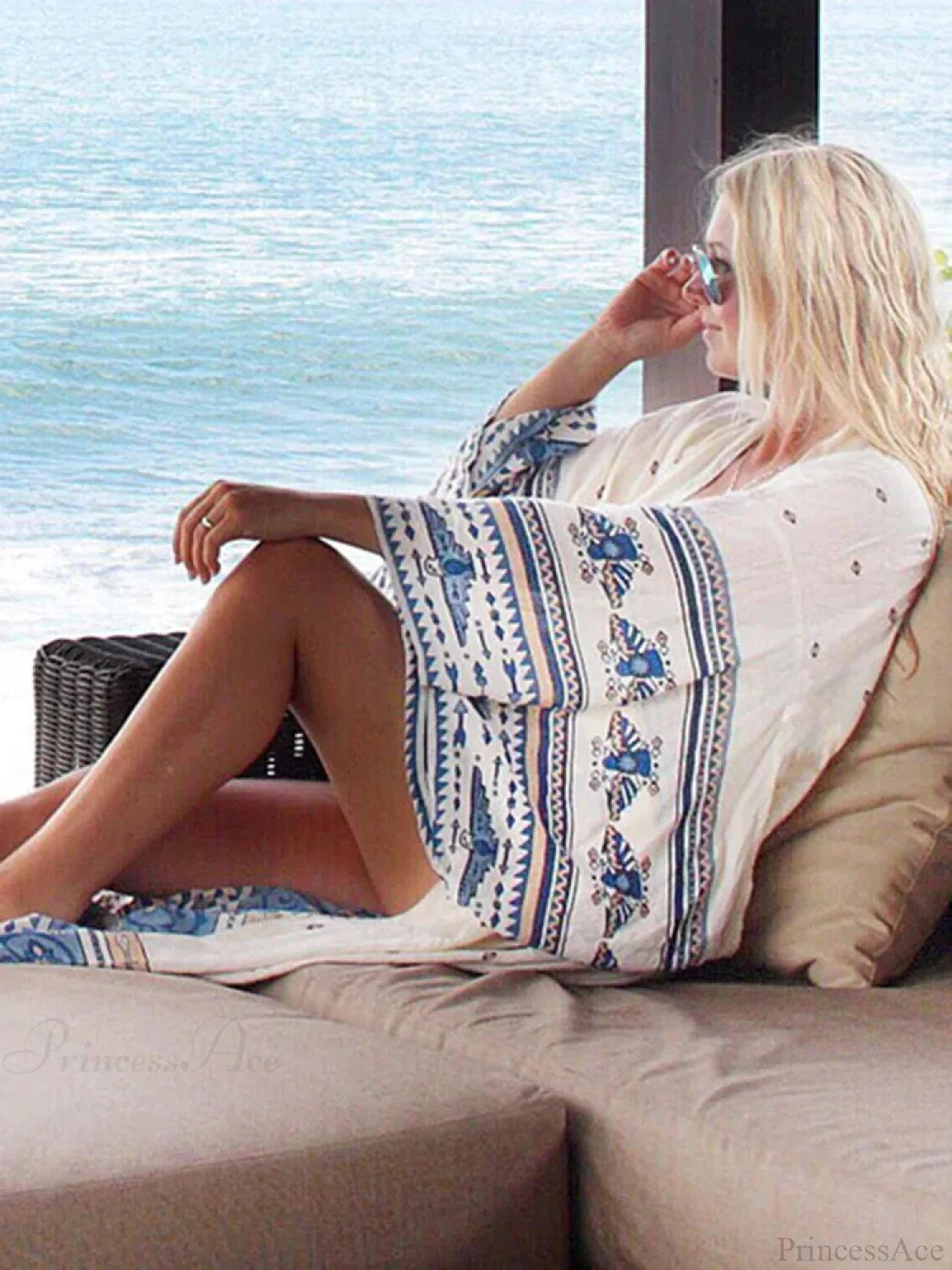 Printed Open Stitch Long Sleeve Cover Up Blue / One Size