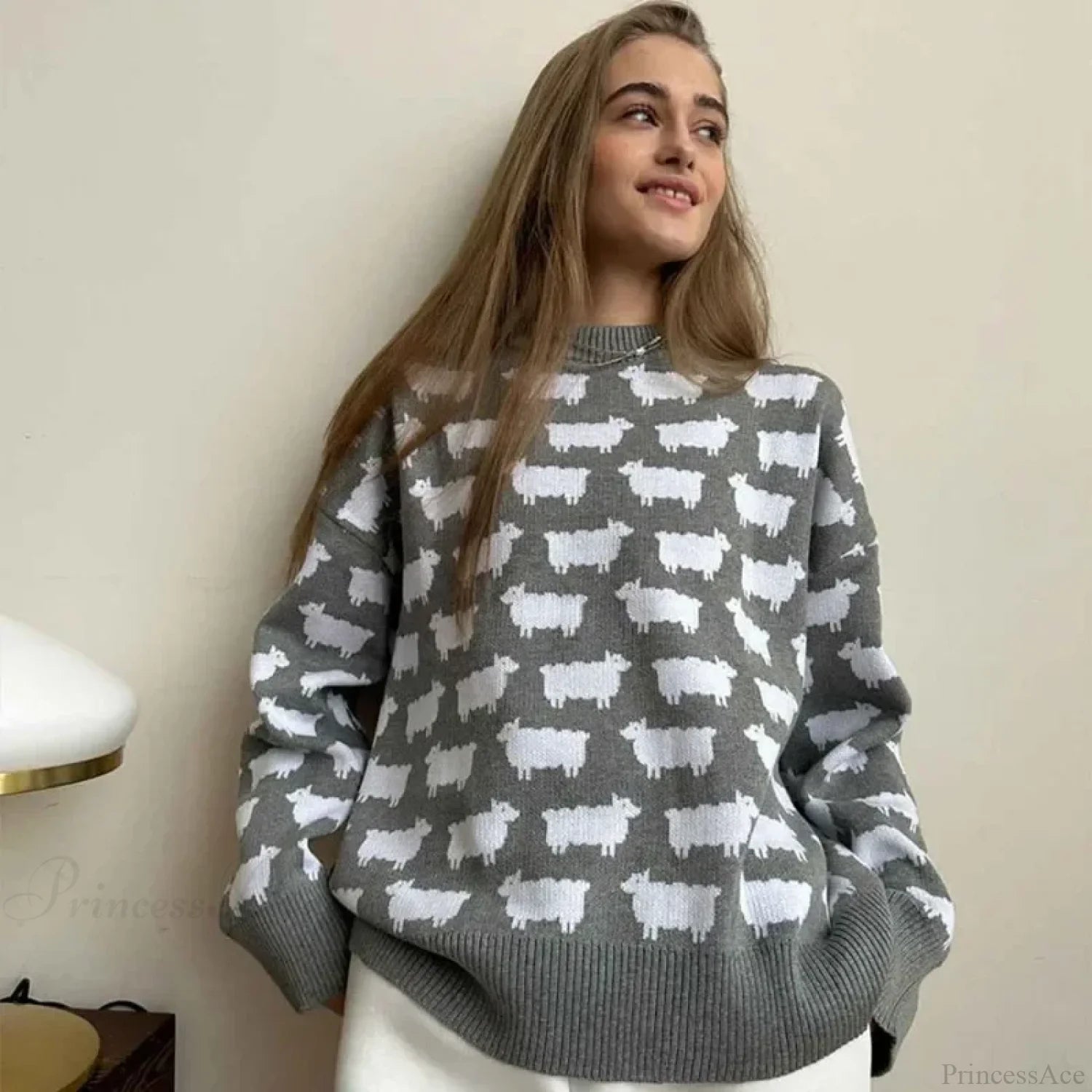Printed Round Neck Casual Long Sleeve Sweater GRAY / S