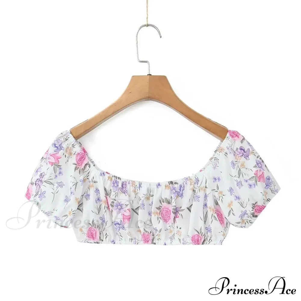 Printed Ruched Short Charming Puff Sleeve Crop Top Tanks