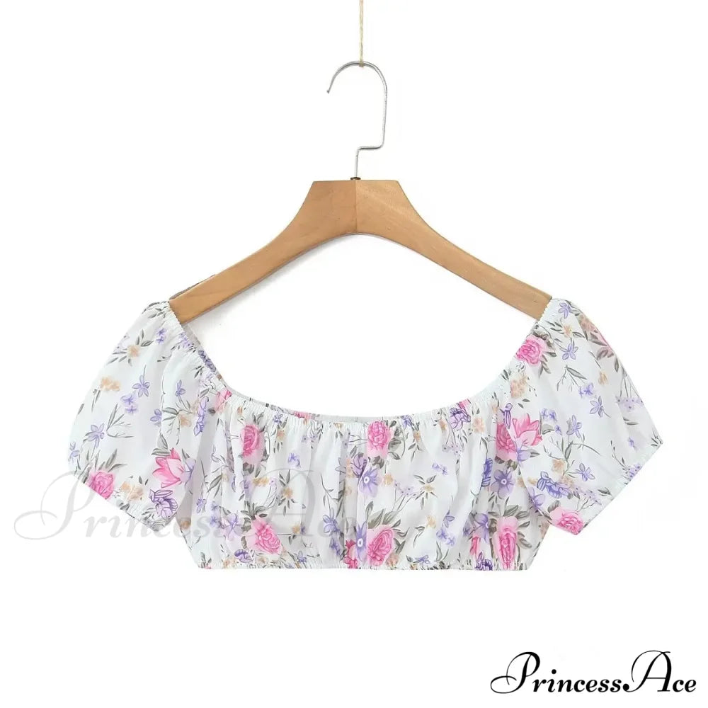 Printed Ruched Short Charming Puff Sleeve Crop Top Tanks