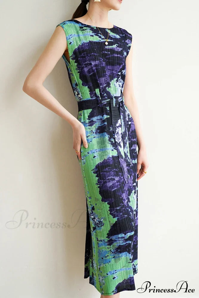 Printed Sleeveless Dress With Side Slit And Full Pleats Green / One Size Midi Dresses