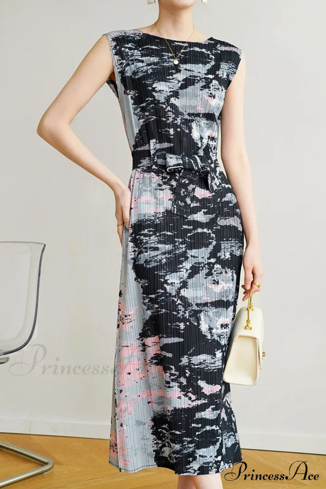 Printed Sleeveless Dress With Side Slit And Full Pleats Grey / One Size Midi Dresses