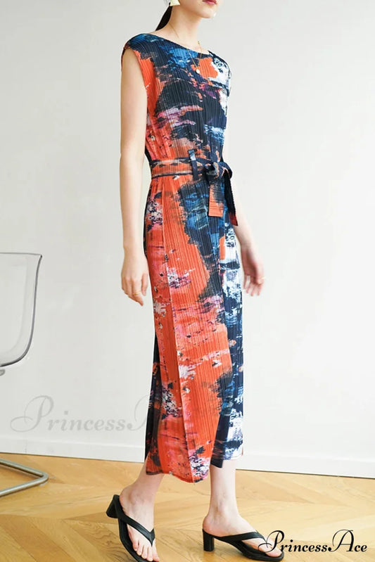 Printed Sleeveless Dress With Side Slit And Full Pleats Red / One Size Midi Dresses