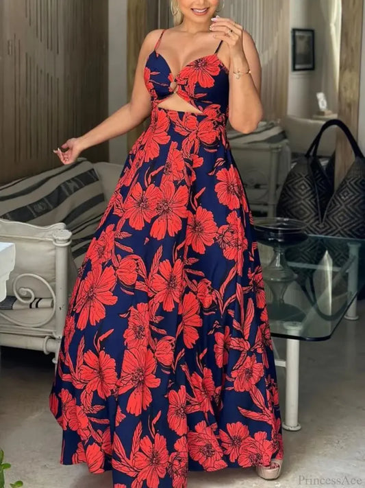 Printed Sleeveless Spaghetti Strap Floral Beach Dress Red / S floraldress-250126