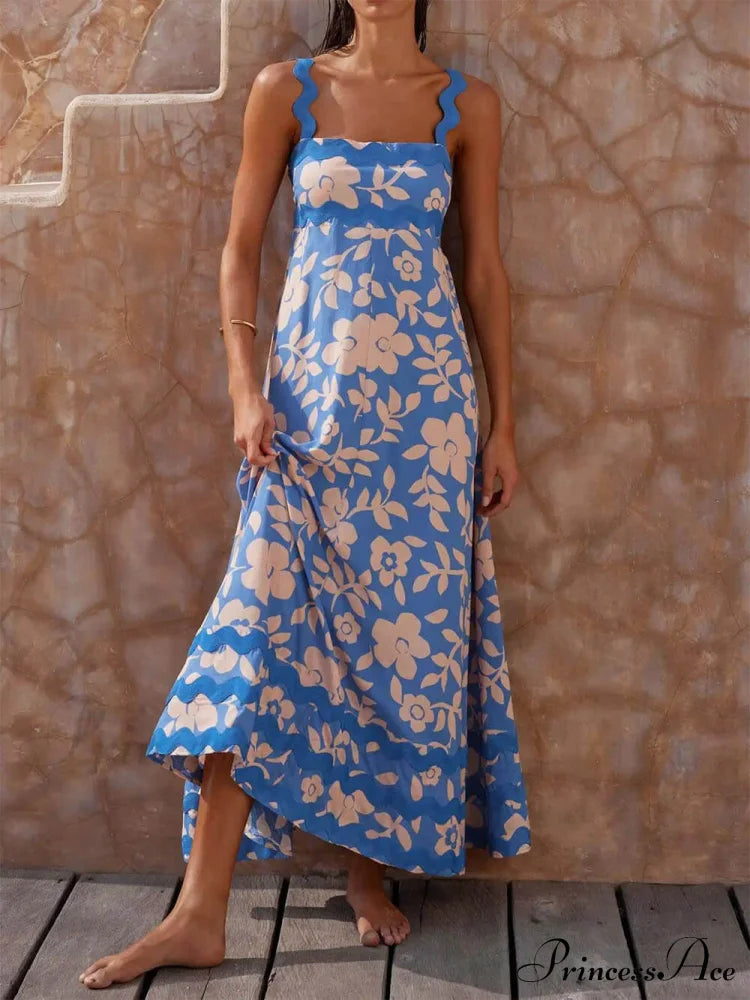 Printed Square Neck Charming Strap Maxi Dress Dresses