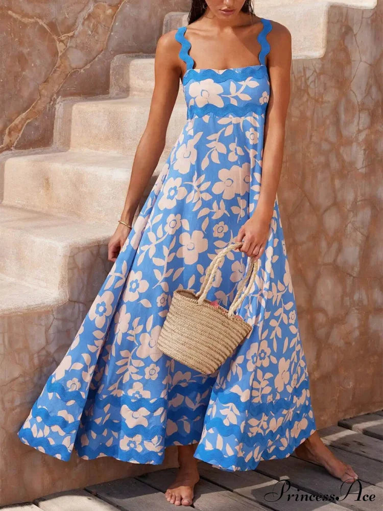 Printed Square Neck Charming Strap Maxi Dress Light Blue / S Dresses