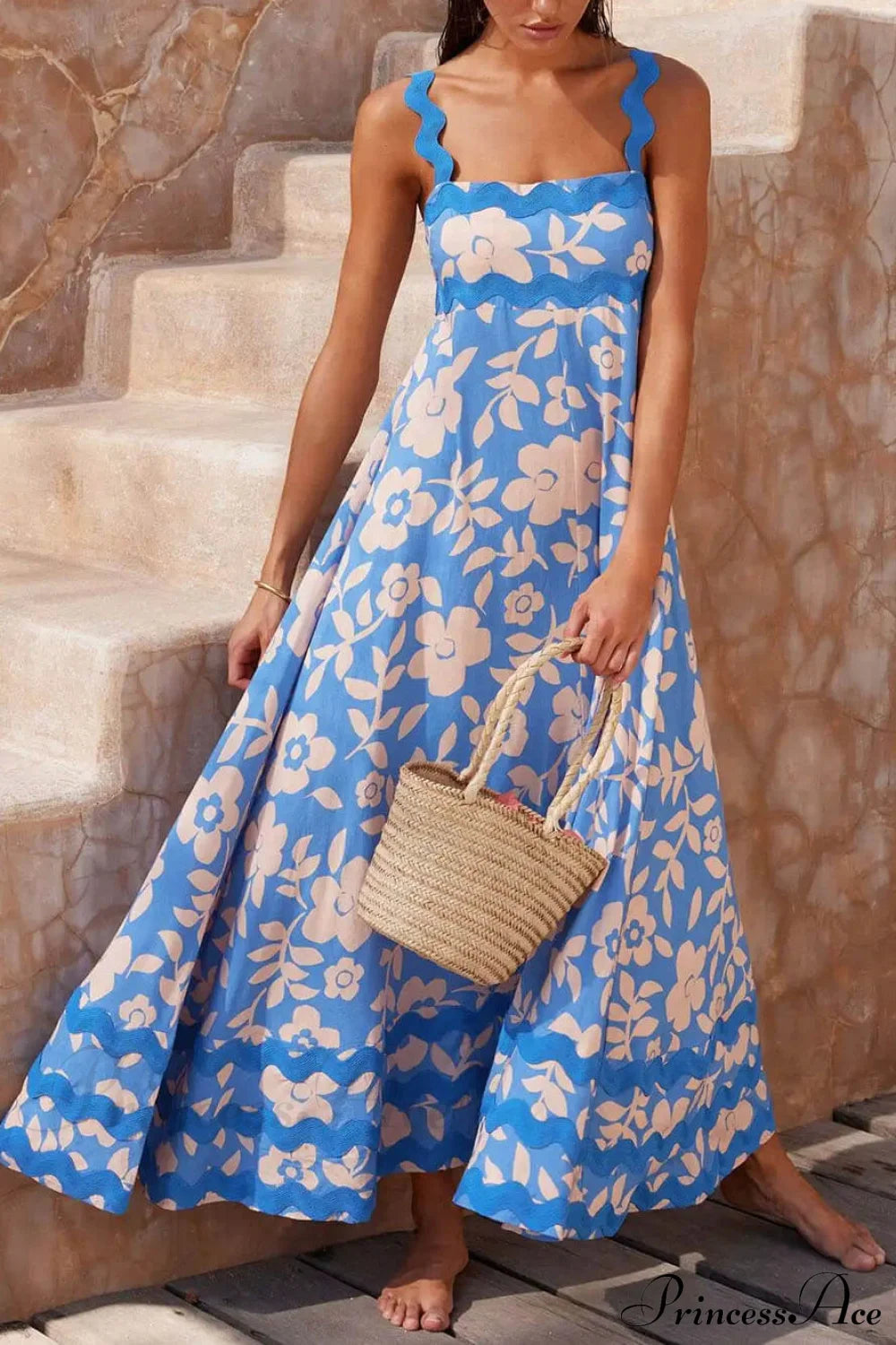 Printed Square Neck Charming Strap Maxi Dress Light Blue / S Dresses