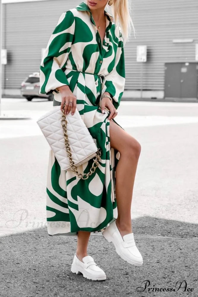 Printed Strappy Shirt Dress With Contrast Green / M Midi Dresses