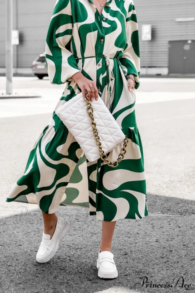 Printed Strappy Shirt Dress With Contrast Green / S Midi Dresses