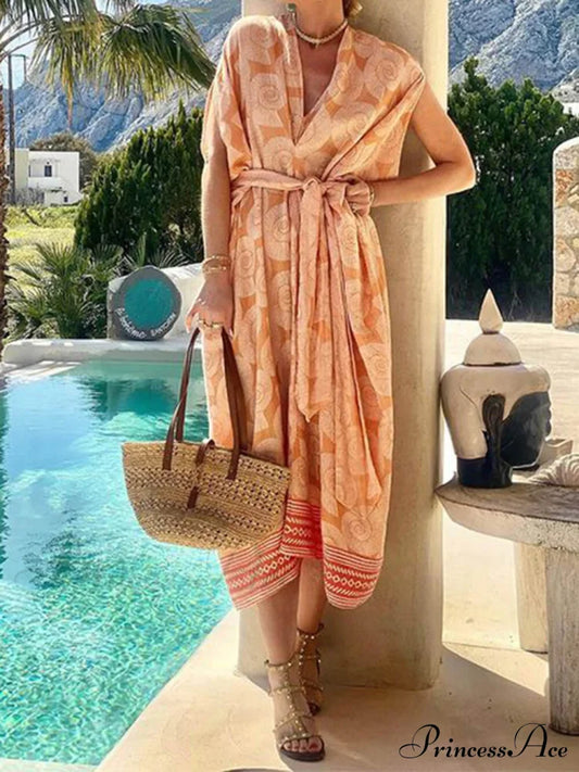 Printed V-Neck Sleeveless Charming Mid-Length Beach Dress Orange / S Dresses