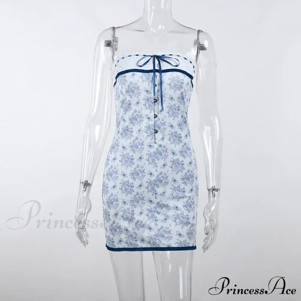 Printed Vacation Off-Shoulder Blue Metal Button Spring Elegant Outside Female Mini Floral Dress