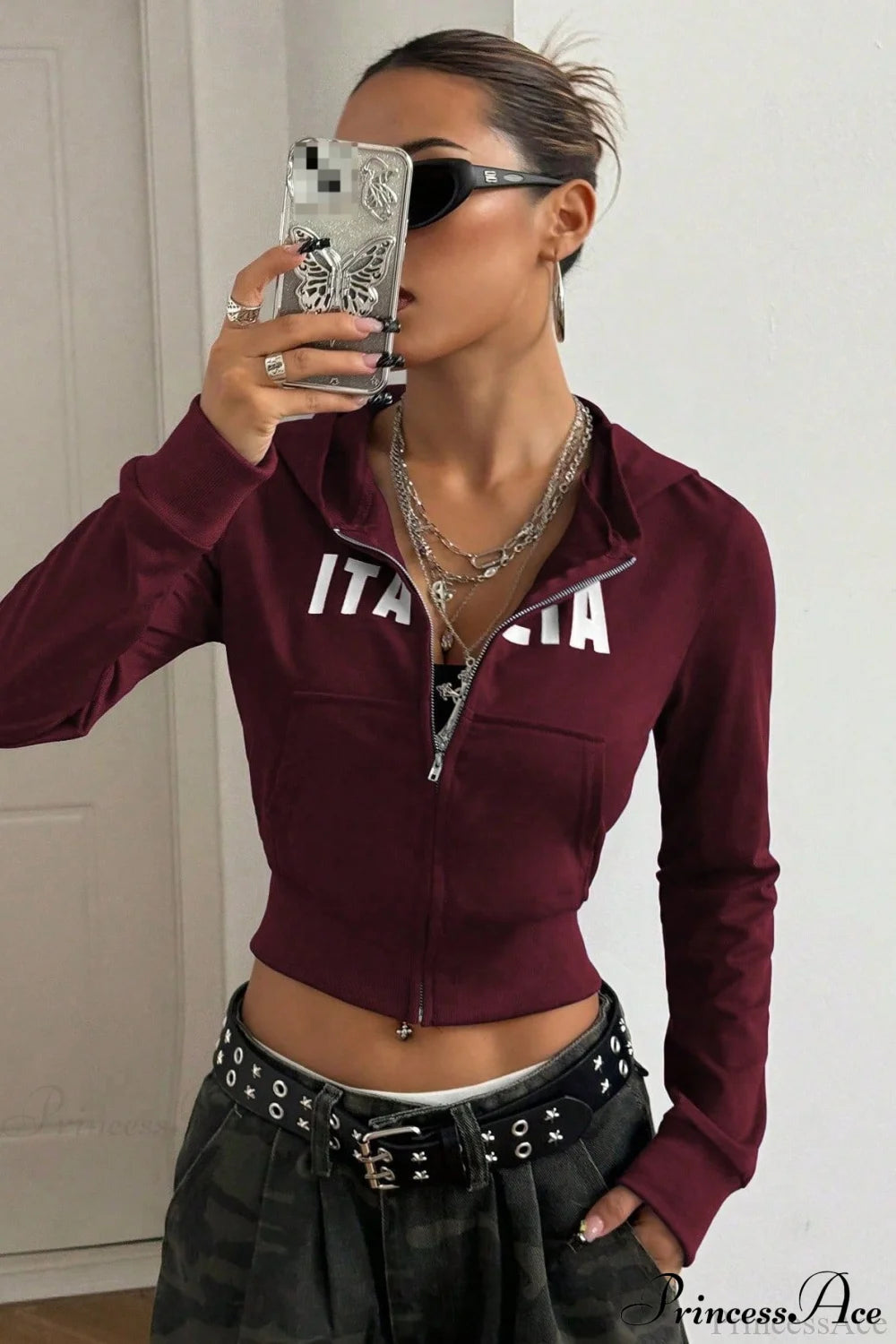 Printed Zip-Up Cropped Hoodie