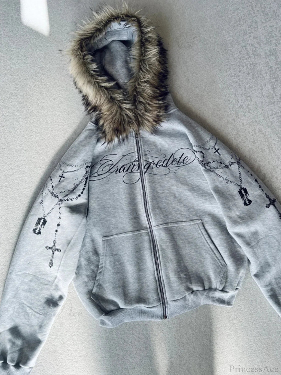 Printed Zipper Detachable Fur Hoodie