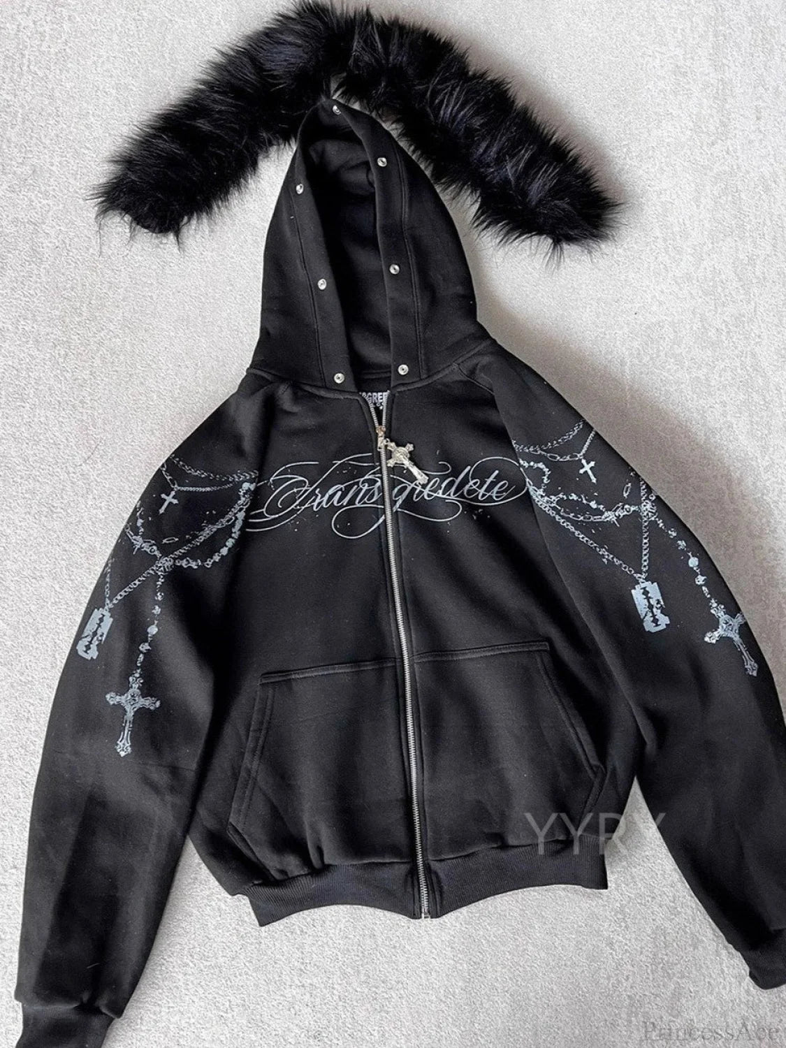 Printed Zipper Detachable Fur Hoodie Black / S