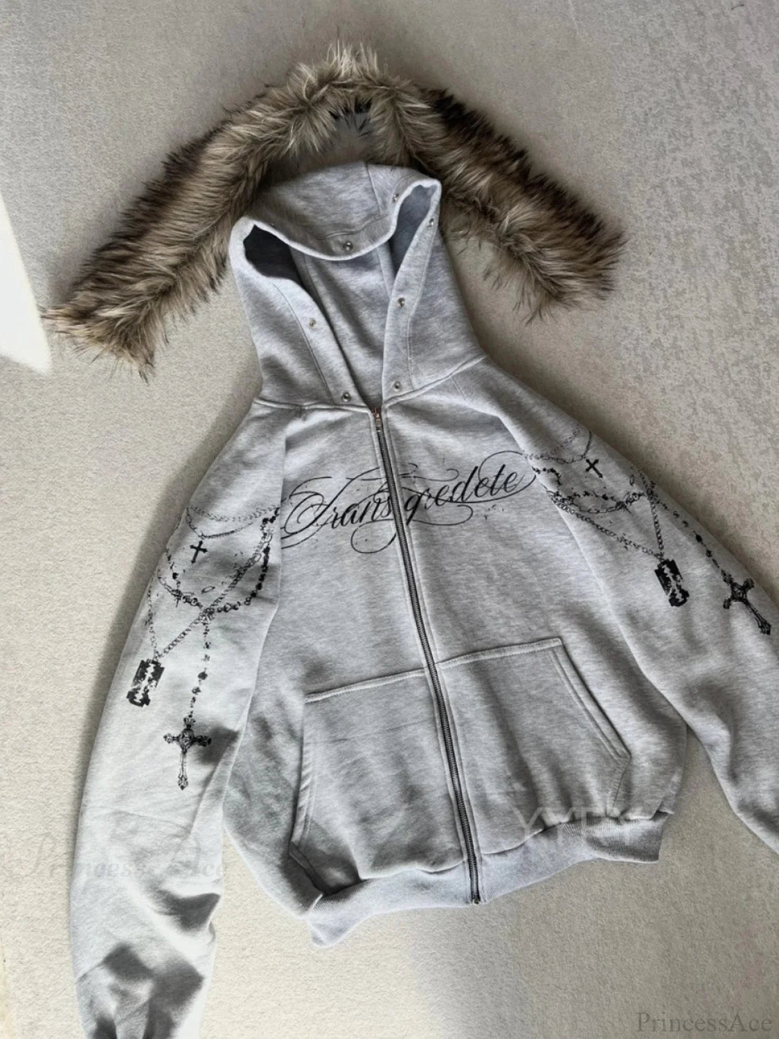 Printed Zipper Detachable Fur Hoodie Grey / S